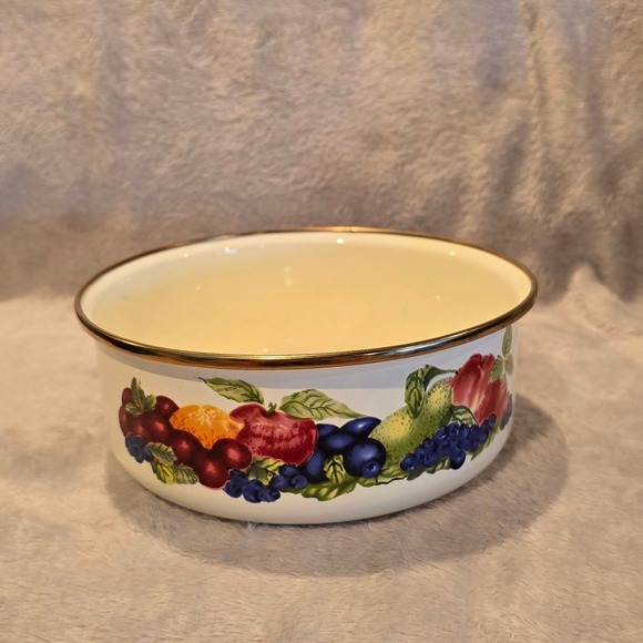 Corning Other - Vintage Linco Fruit Pattern Enamel Serving Bowl Cream Gold Rim